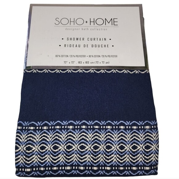 Soho Home Dark Blue Shower Curtain Embroidered‎ Stripes 72x72in - Picture 1 of 11